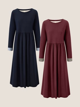 Organic Cotton Patchwork Cuff Crew Neck Casual Maxi Dress SCARLETT - Navy Blue/Burgundy Red / XXL
