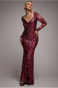 Goddiva Sequin Leaf Long Sleeve Maxi Dress - Burgundy