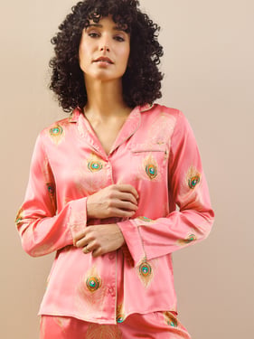 Womens Satin Traditional Pyjama Pink Gold Peacock Feather - 3XL / 22-24 / Pink