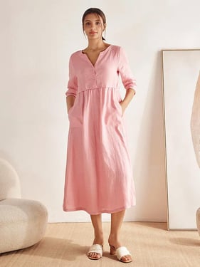 100% Linen Loose Fit Button Waist Gathered Maxi Dress LUNA - Pastel Pink / XXL