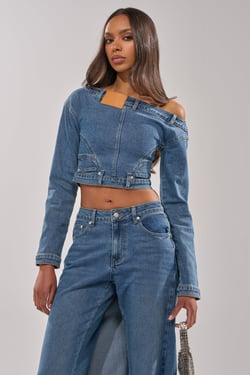 AKIRA Shake It Off Denim Off The Shoulder Top | Size XL