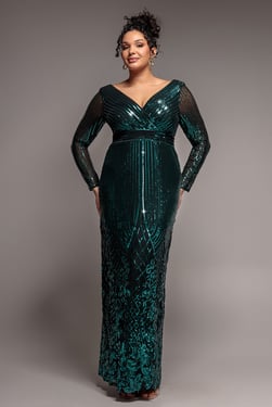 Goddiva Plus Long Sleeve Sequin V Wrap Maxi Dress - Emerald Green