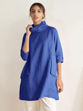 100% Linen Cowl Neck Oversized Tunic ELEANOR - Royal blue / XXL