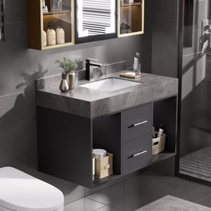 35" Floating Bathroom Vanity with Cultured Marble Vessel Sink with 2 Drawers Black & Gray