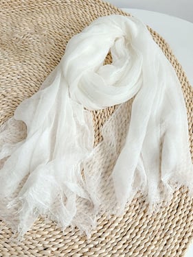 Wool Tencel Solid Ruched Lightweight Scarf - White / One Size