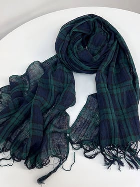 Cotton Linen Striped Lightweight Soft Scarf - Navy Check / One Size
