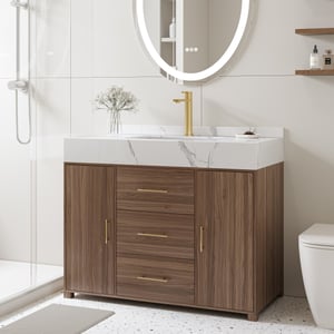 39.3" Floating Bathroom Vanity Cultured Marble Top Bathroom Cabinet Walnut with Sink