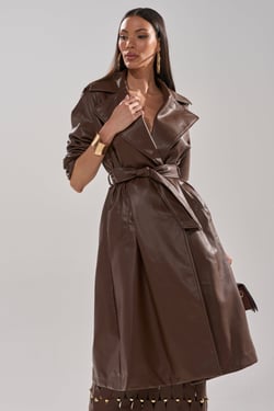 AKIRA Espresso Martini Faux Leather Trench Coat | Brown | Size 1X