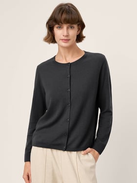 100% Extra-Fine Merino Wool Buttoned Knit Cardigan CAYLA - Charcoal Black / L