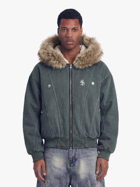 Faux Fur Lined Zip Up Winter Hooded Bomber Jacket - 2560 - Green / 3XL
