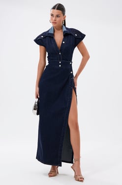 AKIRA Chelsea Button Side Denim Maxi Dress | Size 2X