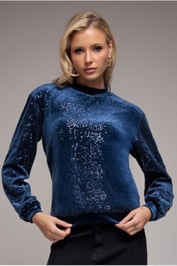 Goddiva Sequin Velvet Sweater - Navy