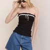 Black Ruffle Trim Shirred Bandeau Top