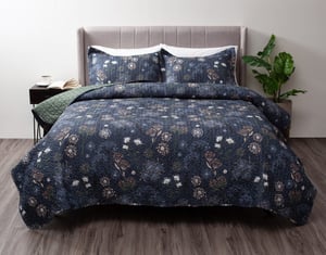 QE Home Micah Recycled Polyester Coverlet Set, Floral, Blue, King