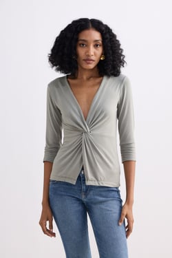 Twist Front Knit Shirt in Light Olive - Frost & Mist / XS