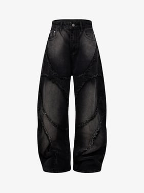 Washed Distressed Raw Edge Barrel Jeans - 2402 - Black / 2XL