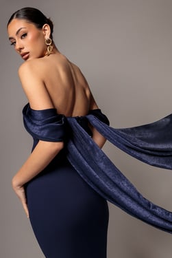 Goddiva Off Shoulder Velvet Satin Wing Cape Maxi Dress - Navy Blue