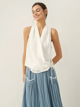 100% Linen Halter Neck Tie-Front Crop Top FAYE - Optic White / XXL