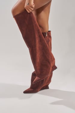 AKIRA Azalea Wang Kenya Burnt Orange Velvet Knee High Wedge Boot | Size 8