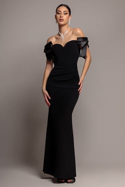 Goddiva Satin Bow Bardot Sheath Maxi Dress - Black