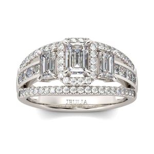 Jeulia Three Stone Halo Emerald Cut Sterling Silver Ring