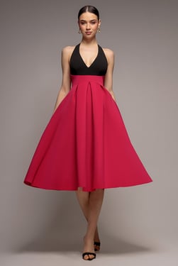Goddiva Contrast  Halter Neck Pleated A-Line Midaxi Dress - Black Magenta