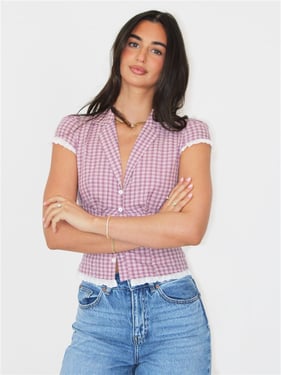 Daisy Street Lace Detail Blouse - Pink Check - XS