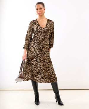 Brown Animal Printed Long Sleeve Midi Dress - 18