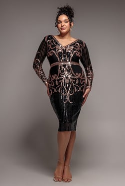Goddiva Plus Sequin Mesh V Neck Midi Dress - Black