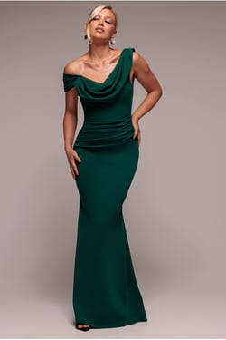 Goddiva Asymmetric Chiffon Cowl Neck Scuba Maxi Dress - Emerald Green