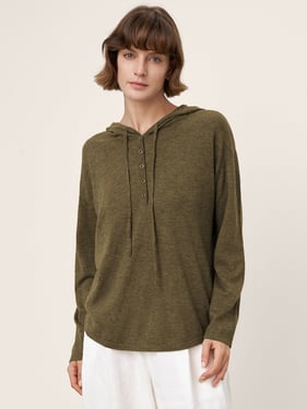100% Extra-Fine Merino Wool Knit Hooded Sweatshirt SIA - Army Green / L