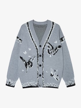 Retro Butterfly Gradient Knit Cardigan Sweater - Gray / XL