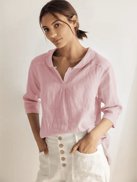 100% Linen Shawl V-Neck Half Sleeve Top JADE - Pastel Pink / XXXL