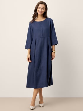100% Linen Inverted Pleat Waist Button Midi Dress IMARA - Navy Blue / XXL
