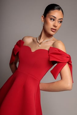Goddiva Bardot Plunge Neck Bow Sleeve Skater Mini Dress - Red