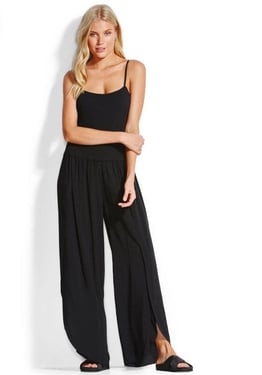 Shirred Waist Wrap Pants - L / Black