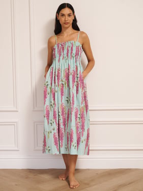 Womens Cotton Shirred Cami Midi Night Dress Duckegg Wisteria - 3XL / 22-24 / Duckegg