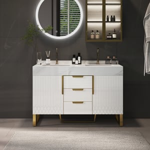 47.2" Bathroom Vanity Freestanding Cultured Marble Top with Double Sink Drawers & Doors White