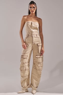 AKIRA Jessica Denim Cargo Jumpsuit | Brown | Size 1X