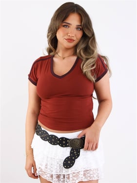 Brave Soul Trim V Neck Top - Red / Burgundy - XS