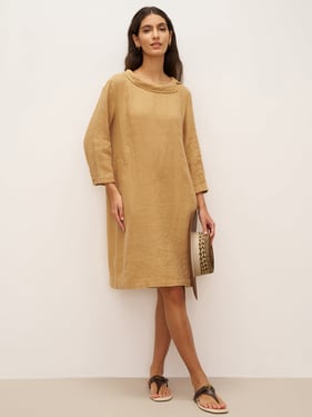 100% Linen Round Soft-Fold Collar Midi Dress DORALEE - Mellow Yellow / XXL
