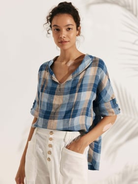 Linen V Neck Short Sleeve Shirt PENNY - Ocean Sunset Plaid / XXL