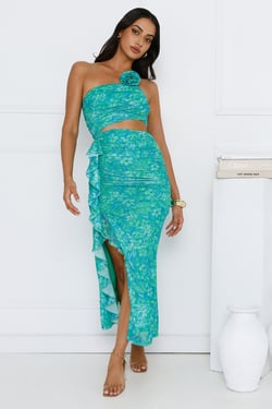 Secret Symphony One Shoulder Mesh Maxi Dress Green
