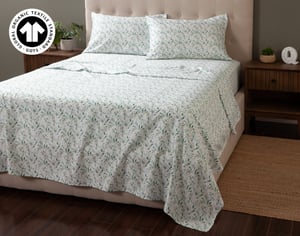 QE Home 300TC Organic Cotton Sheet Set in Folio, Botanical, GOTS Certified, Green, Queen