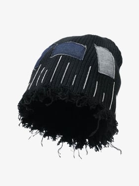 Distressed Denim Patchwork Beanie - Black / ONE SIZE