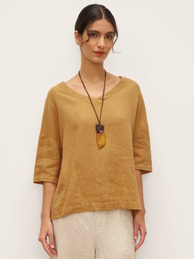 100% Linen V-Neck 3/4 Length Sleeve Top DORA - Vintage Gold / XXL