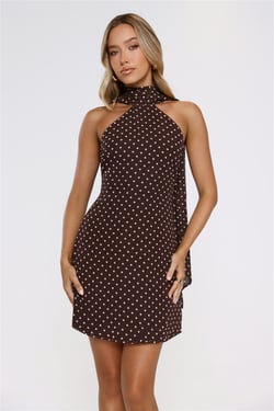 Chic Babe Polka Dot Halter Mini Dress Brown