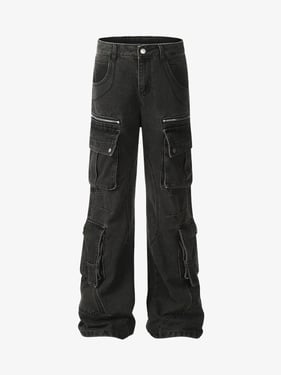 Washed Multi-Pocket Bootcut Jeans - Black / XL