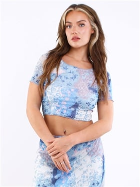 Daisy Street Floral Print Crop Co-Ord Top - Blue - 8