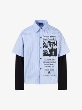 Vintage Illustration Striped Faux Two-Piece Shirt - Blue / 3XL